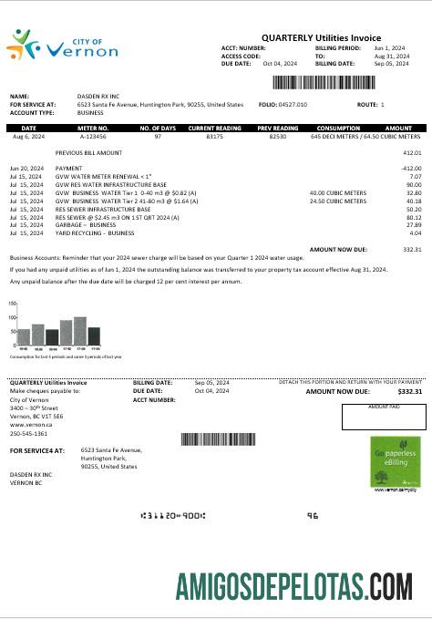 imprimível Modelo de conta de serviços públicos da cidade de Vernon Water, EUA, Canadá, em formatos Word e PDF